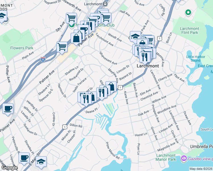 map of restaurants, bars, coffee shops, grocery stores, and more near 6 Beverly Place in Larchmont