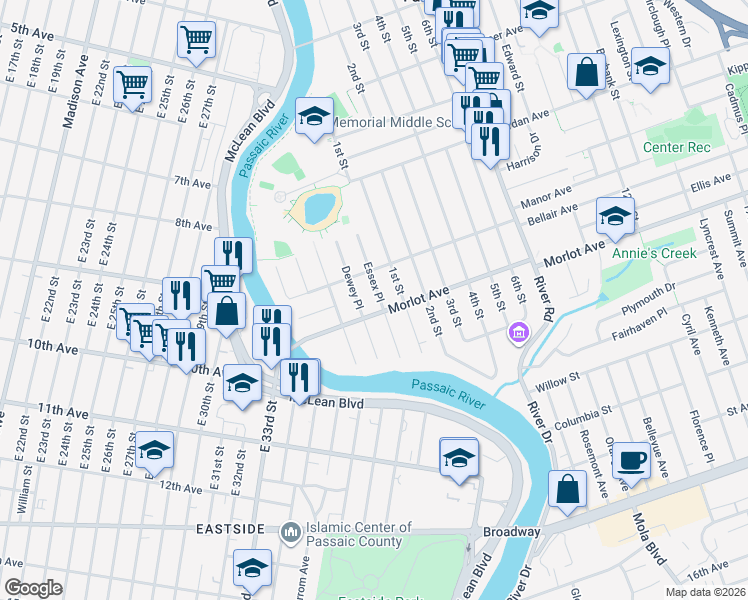 map of restaurants, bars, coffee shops, grocery stores, and more near 6-13 Essex Place in Fair Lawn
