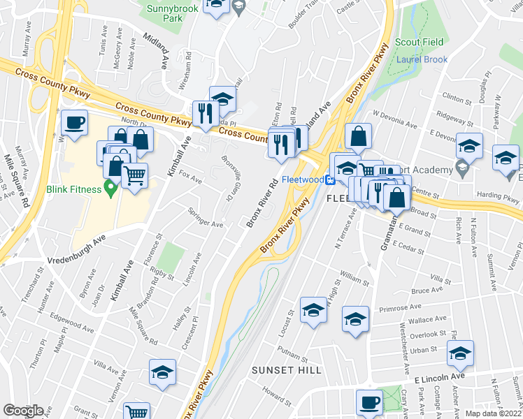map of restaurants, bars, coffee shops, grocery stores, and more near 800 Bronx River Road in Yonkers