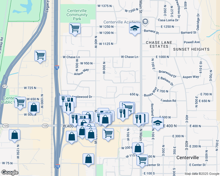 map of restaurants, bars, coffee shops, grocery stores, and more near 293 West 710 North in Centerville