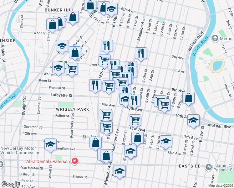 map of restaurants, bars, coffee shops, grocery stores, and more near 446 East 19th Street in Paterson