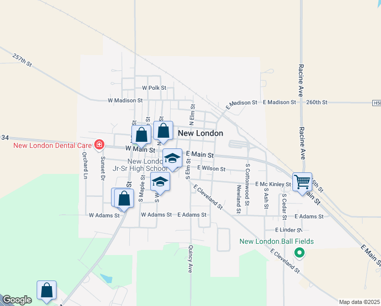 map of restaurants, bars, coffee shops, grocery stores, and more near 205 East Main Street in New London