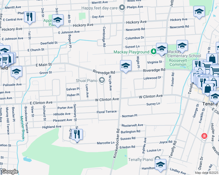map of restaurants, bars, coffee shops, grocery stores, and more near 44 North Browning Avenue in Tenafly