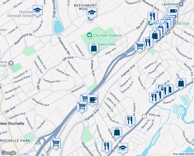 map of restaurants, bars, coffee shops, grocery stores, and more near 100 Portman Road in New Rochelle