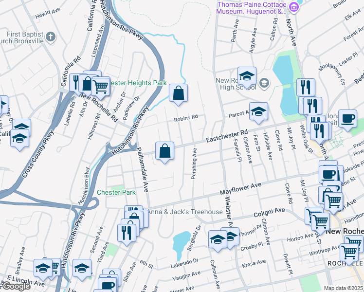 map of restaurants, bars, coffee shops, grocery stores, and more near 267 Eastchester Road in New Rochelle