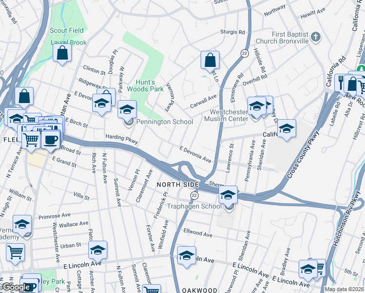 map of restaurants, bars, coffee shops, grocery stores, and more near 15 Rockridge Road in Mount Vernon