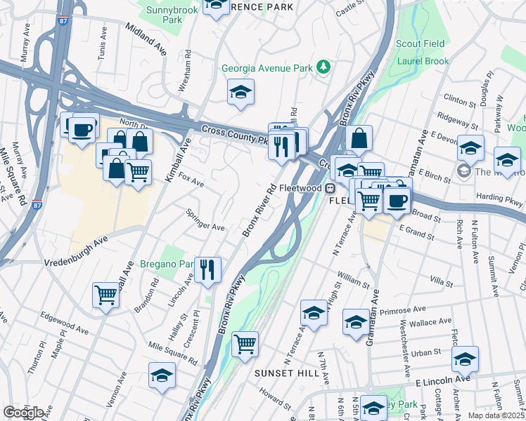 map of restaurants, bars, coffee shops, grocery stores, and more near 800 Bronx River Road in Yonkers