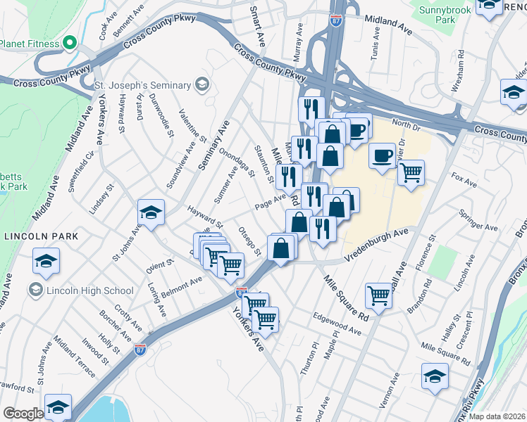map of restaurants, bars, coffee shops, grocery stores, and more near 124 Page Avenue in Yonkers