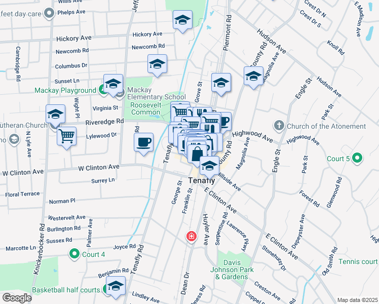 map of restaurants, bars, coffee shops, grocery stores, and more near 20 West Railroad Avenue in Tenafly