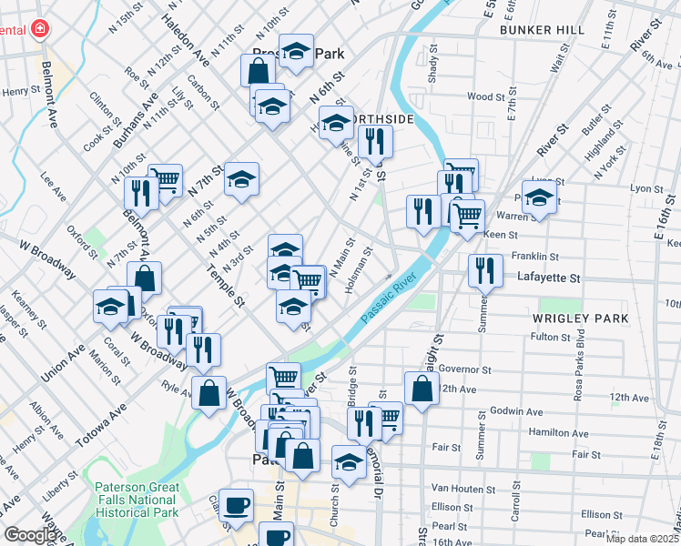 map of restaurants, bars, coffee shops, grocery stores, and more near 97 North Main Street in Paterson