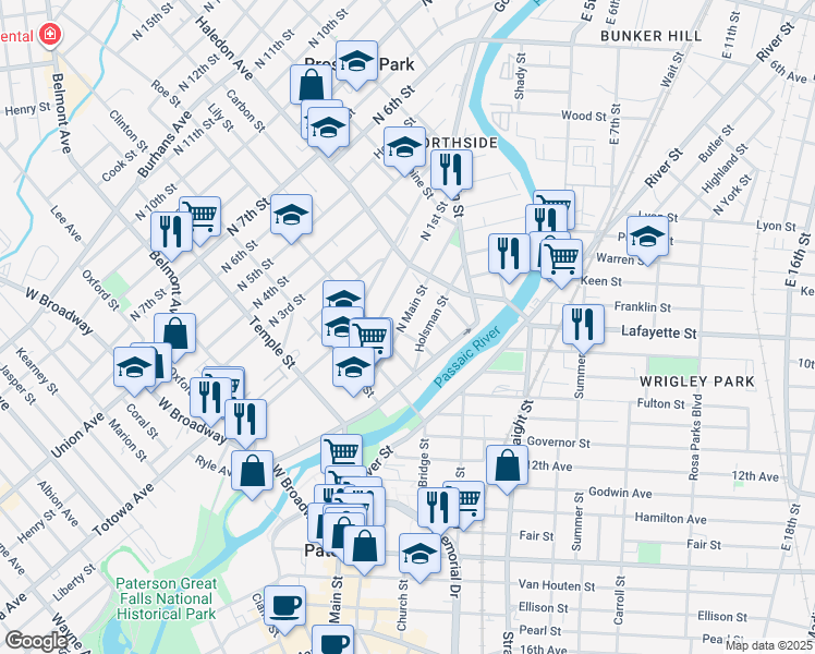 map of restaurants, bars, coffee shops, grocery stores, and more near 97 North Main Street in Paterson