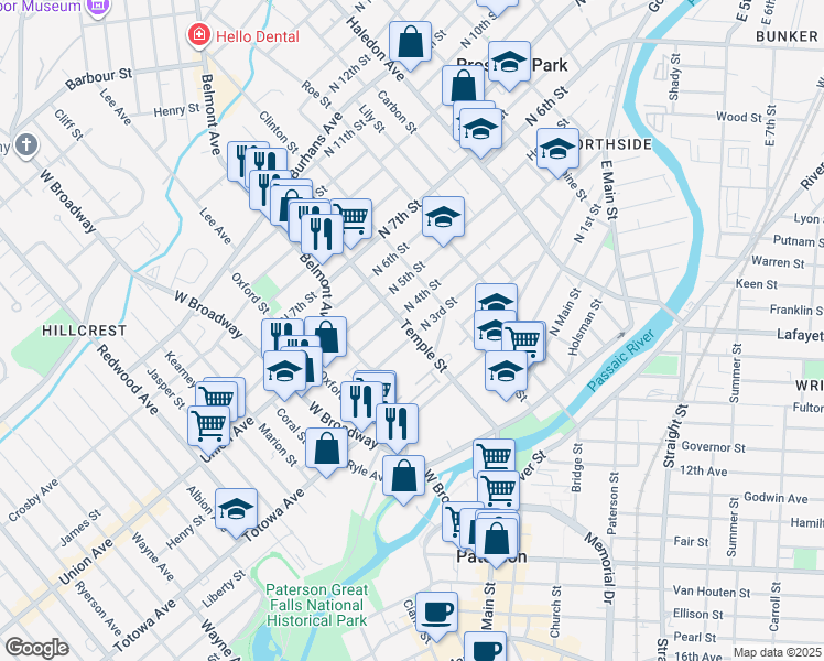 map of restaurants, bars, coffee shops, grocery stores, and more near 50 North 4th Street in Paterson