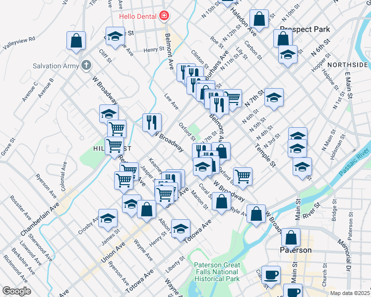 map of restaurants, bars, coffee shops, grocery stores, and more near 52 Laurel Street in Paterson