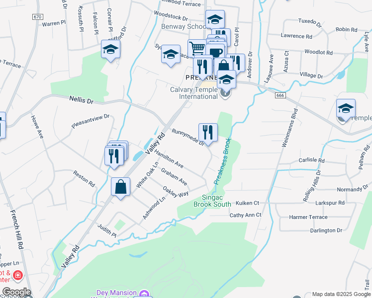 map of restaurants, bars, coffee shops, grocery stores, and more near 507 Runnymeade Drive in Wayne