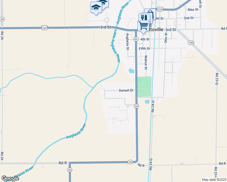 map of restaurants, bars, coffee shops, grocery stores, and more near 134 Sunset Drive in Fort Jennings