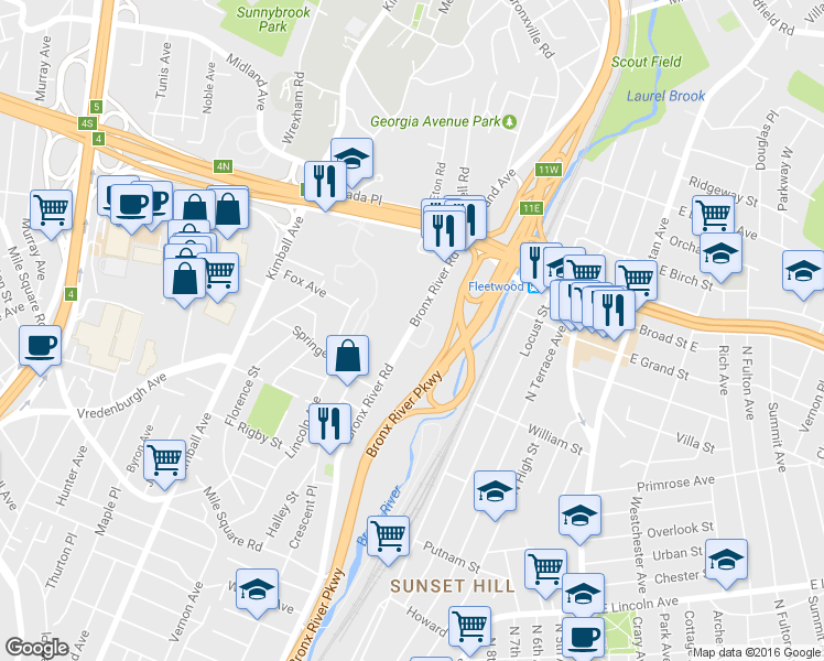 map of restaurants, bars, coffee shops, grocery stores, and more near 798 Bronx River Road in Yonkers