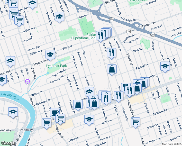 map of restaurants, bars, coffee shops, grocery stores, and more near 4-16 17th Street in Fair Lawn