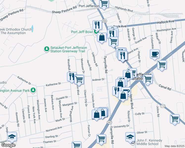 map of restaurants, bars, coffee shops, grocery stores, and more near 56 Jarvin Road in Port Jefferson Station