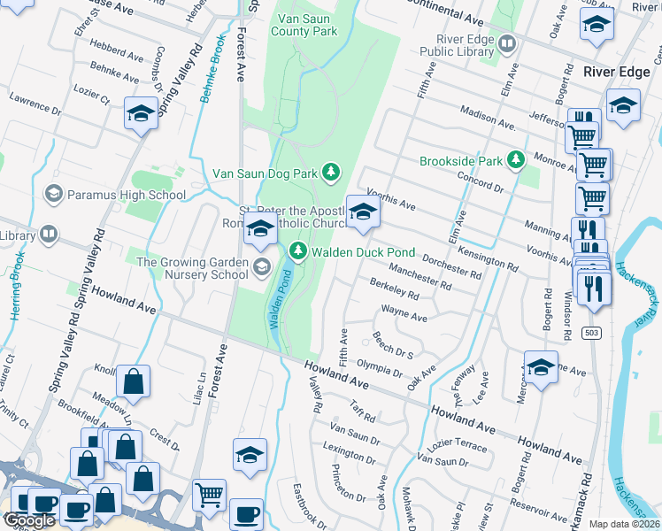 map of restaurants, bars, coffee shops, grocery stores, and more near 409 Valley Road in River Edge