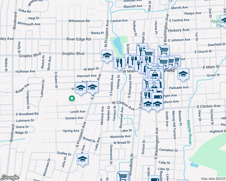map of restaurants, bars, coffee shops, grocery stores, and more near 53 South Franklin Avenue in Bergenfield