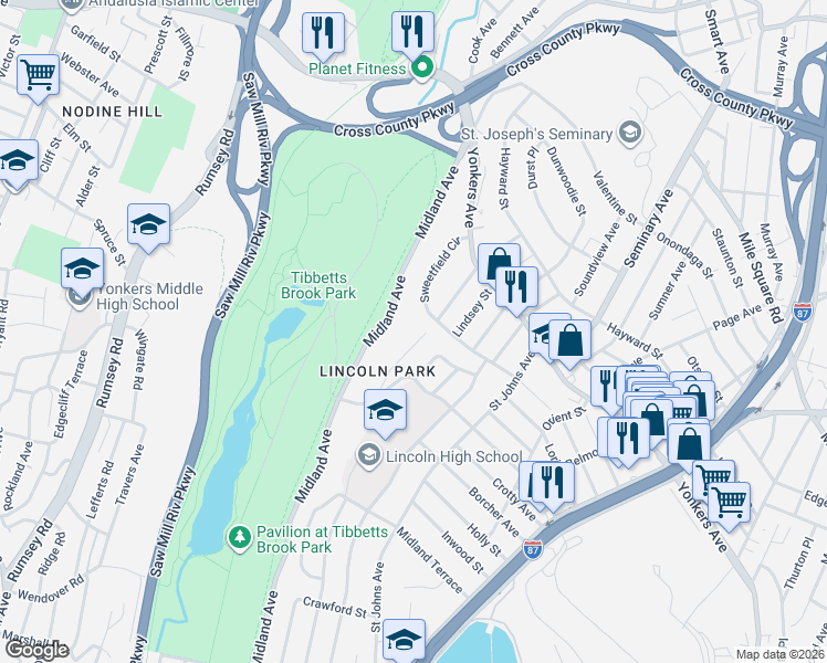 map of restaurants, bars, coffee shops, grocery stores, and more near 440 Midland Avenue in Yonkers