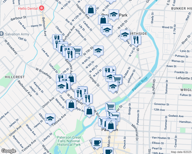 map of restaurants, bars, coffee shops, grocery stores, and more near 68 North 3rd Street in Paterson