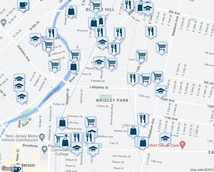 map of restaurants, bars, coffee shops, grocery stores, and more near 139 Lafayette Street in Paterson