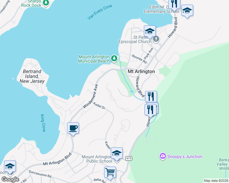 map of restaurants, bars, coffee shops, grocery stores, and more near 86 Ridgeview Lane in Mount Arlington