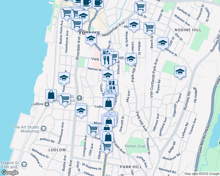 map of restaurants, bars, coffee shops, grocery stores, and more near 20 Cedar Place in Yonkers