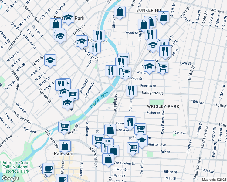 map of restaurants, bars, coffee shops, grocery stores, and more near 265 River Street in Paterson