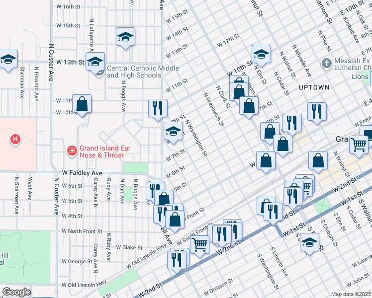 map of restaurants, bars, coffee shops, grocery stores, and more near 1298 West 7th Street in Grand Island