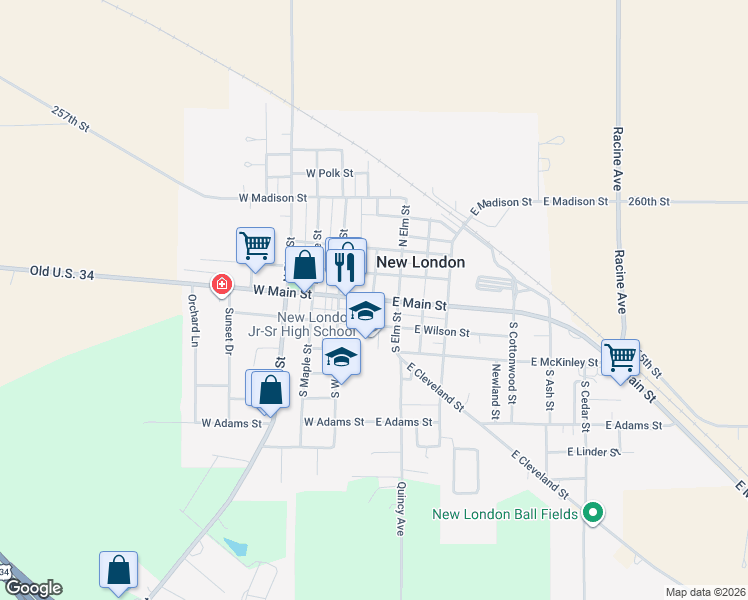 map of restaurants, bars, coffee shops, grocery stores, and more near 100 East Main Street in New London