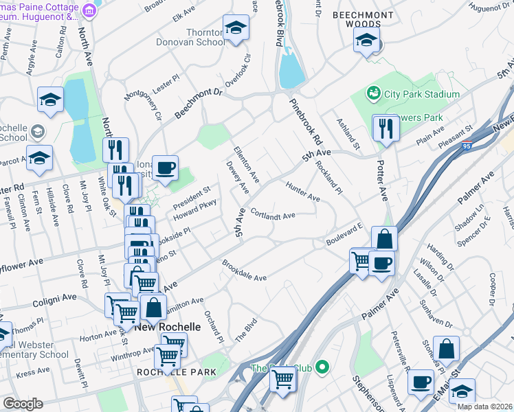 map of restaurants, bars, coffee shops, grocery stores, and more near 245 5th Avenue in New Rochelle