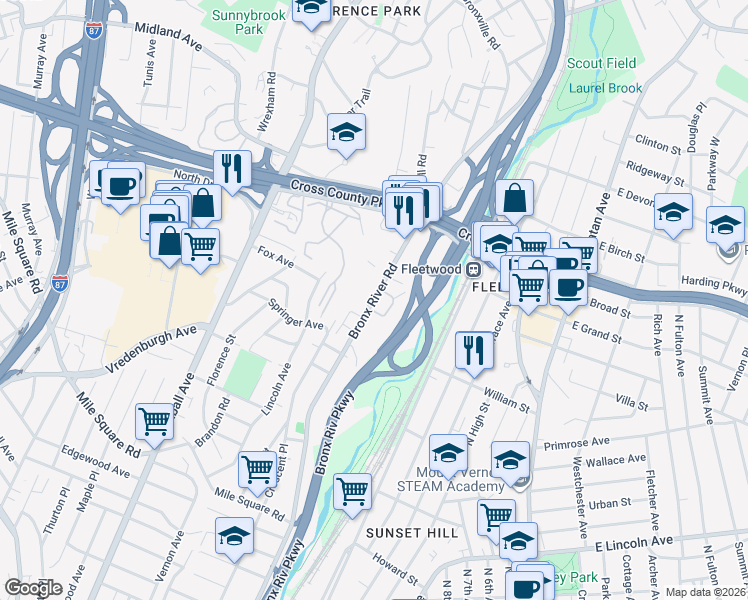 map of restaurants, bars, coffee shops, grocery stores, and more near 773 Bronx River Road in Yonkers