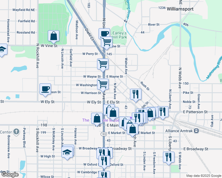 map of restaurants, bars, coffee shops, grocery stores, and more near 31 East Washington Street in Alliance