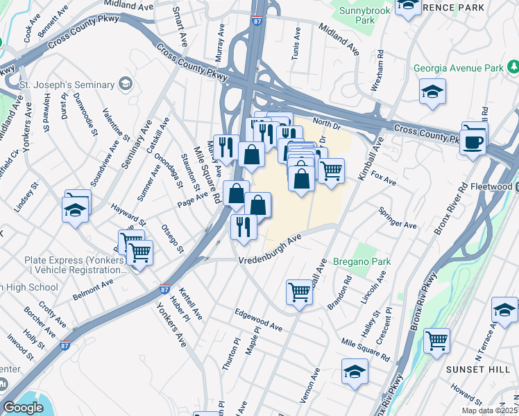 map of restaurants, bars, coffee shops, grocery stores, and more near 95 Stillwell Avenue in Yonkers