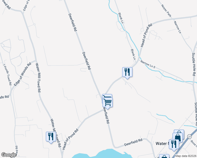 map of restaurants, bars, coffee shops, grocery stores, and more near 641 Deerfield Road in Water Mill