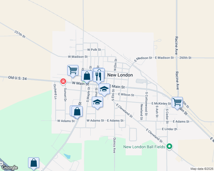 map of restaurants, bars, coffee shops, grocery stores, and more near 107 East Main Street in New London