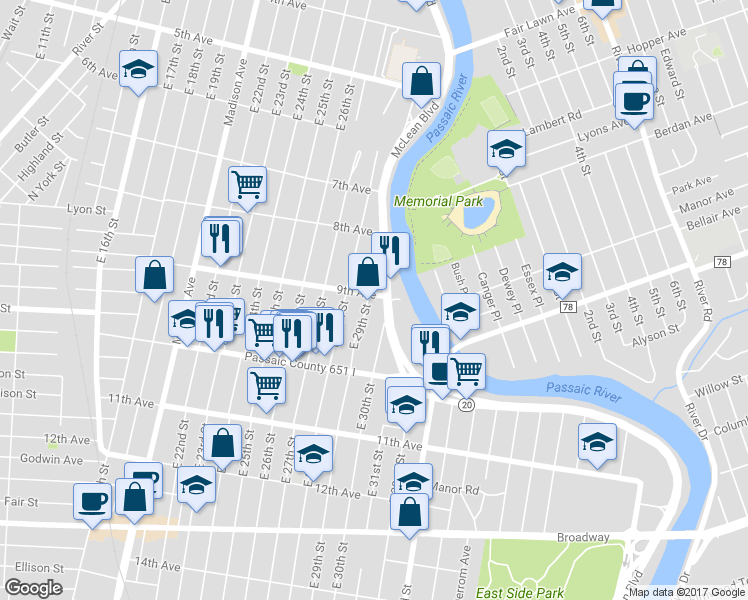 map of restaurants, bars, coffee shops, grocery stores, and more near 287 East 29th Street in Paterson