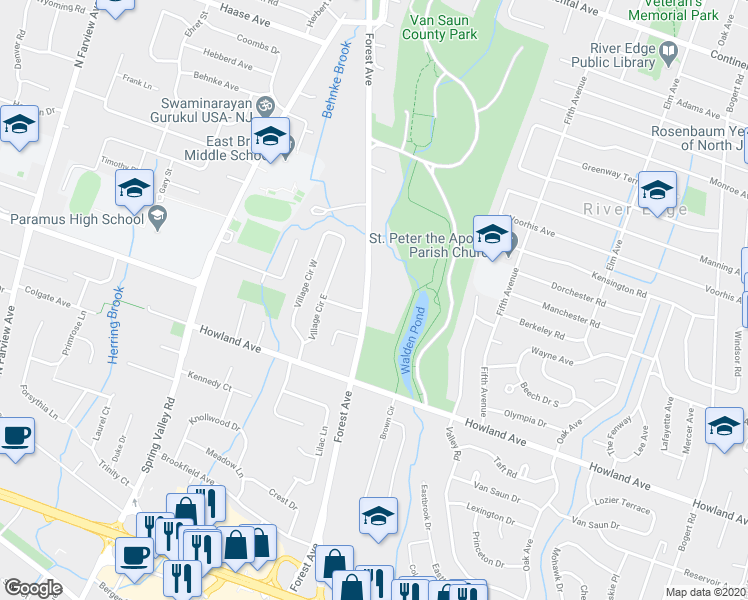 map of restaurants, bars, coffee shops, grocery stores, and more near 148 Forest Avenue in Paramus
