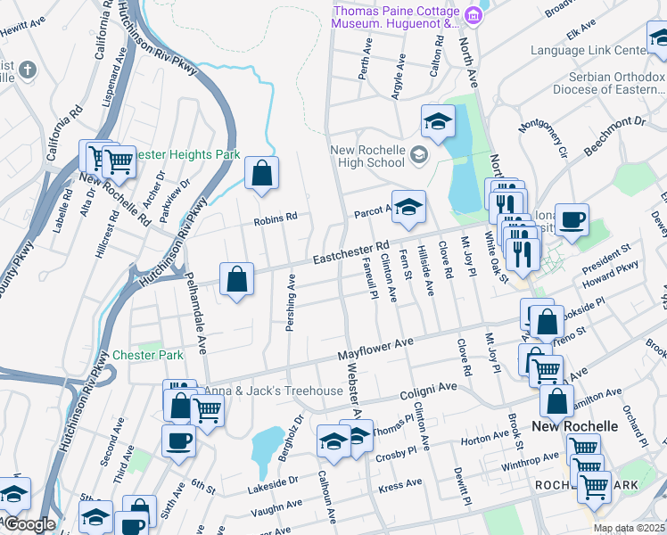 map of restaurants, bars, coffee shops, grocery stores, and more near 216 Eastchester Road in New Rochelle