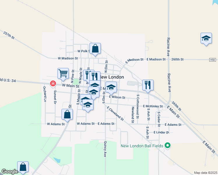map of restaurants, bars, coffee shops, grocery stores, and more near 205 East Main Street in New London