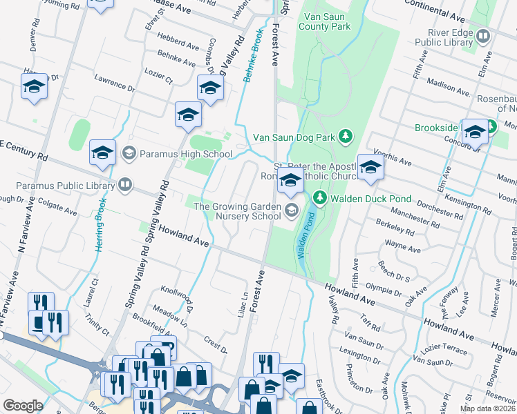 map of restaurants, bars, coffee shops, grocery stores, and more near 145 East Forest Avenue in Paramus