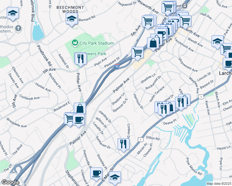 map of restaurants, bars, coffee shops, grocery stores, and more near 15 Spencer Drive in New Rochelle