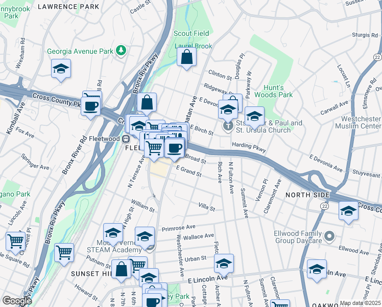 map of restaurants, bars, coffee shops, grocery stores, and more near 25 Broad Street East in Mount Vernon