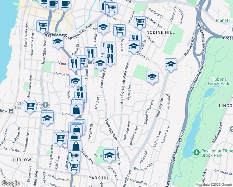map of restaurants, bars, coffee shops, grocery stores, and more near 185 Van Cortlandt Park Avenue in Yonkers