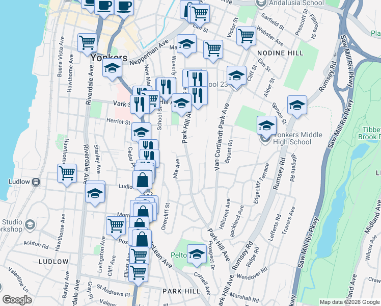 map of restaurants, bars, coffee shops, grocery stores, and more near 263 Glenbrook Avenue in Yonkers