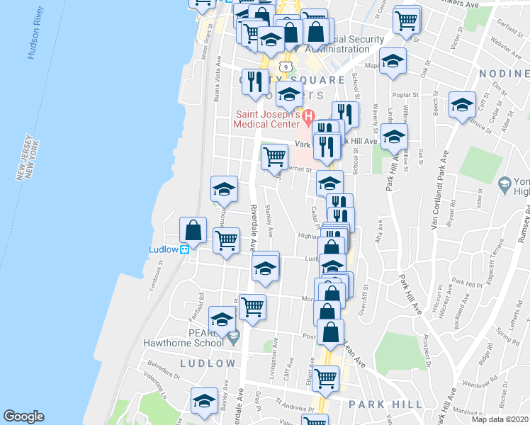 map of restaurants, bars, coffee shops, grocery stores, and more near 200 Riverdale Avenue in Yonkers