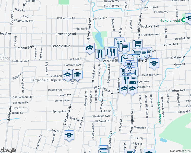 map of restaurants, bars, coffee shops, grocery stores, and more near 18 Roosevelt Avenue in Bergenfield