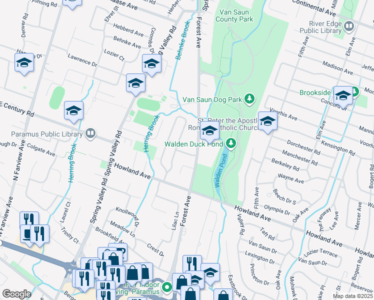 map of restaurants, bars, coffee shops, grocery stores, and more near 145 East Forest Avenue in Paramus